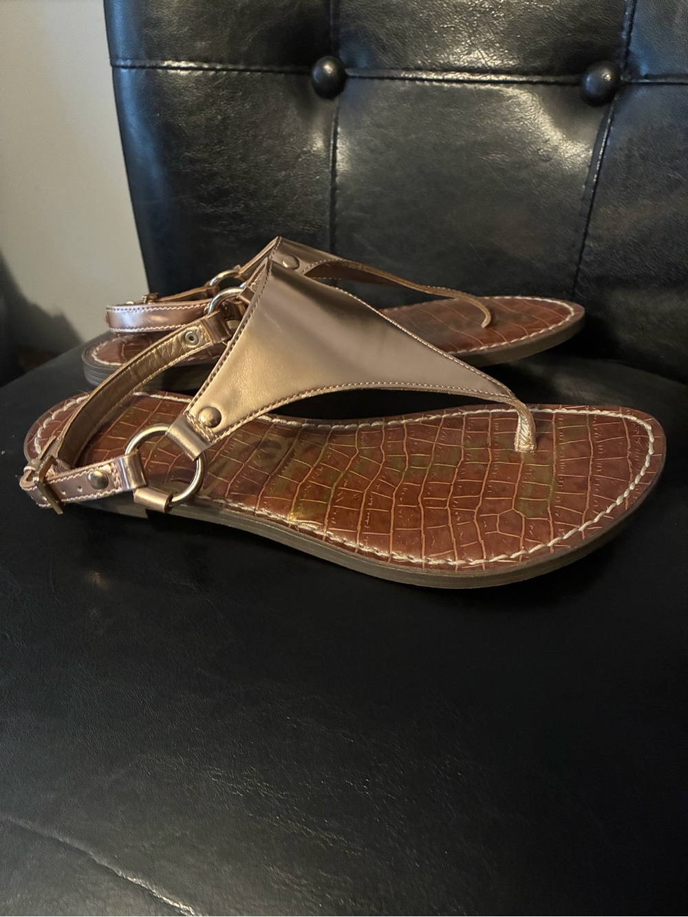 Sam Edelman Roe Gold with Brown Croc-Print  sole. Women's Thong Sandals